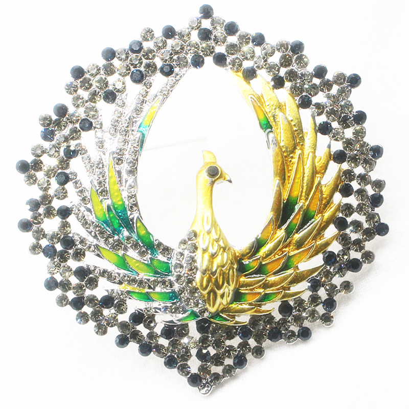 凤凰胸针女士气质珐琅动物别针新款复古高档合金镶钻水晶孔雀胸针