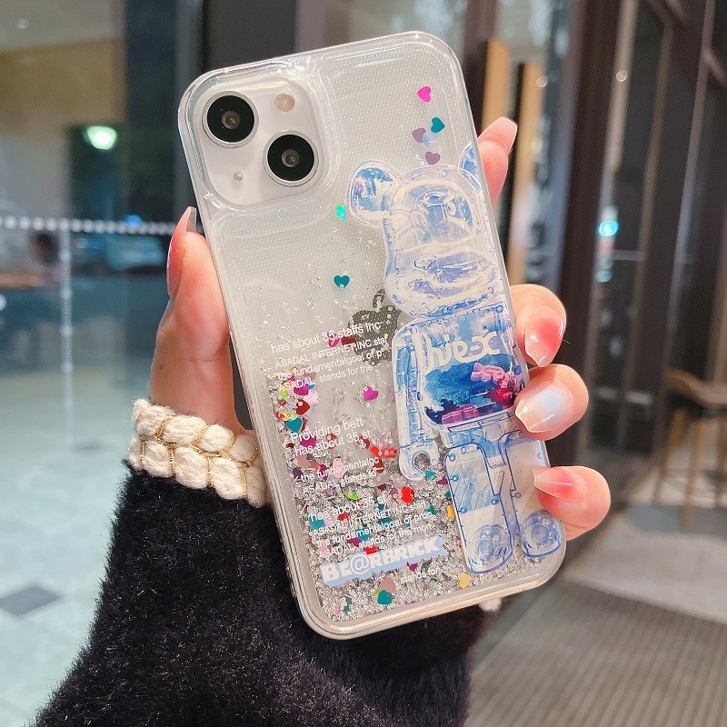 时尚小熊iphone13液体流沙手机壳12苹果11闪粉透明软边xs max适用