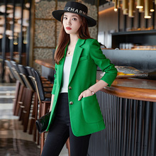 轻奢高端绿色西装外套女秋季长袖气质名媛感小个子中长款休闲西服