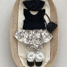 韩版婴儿INS2024夏季新款女宝飞袖上衣娃娃衫百搭坑条纯色T恤套装