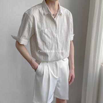 冰丝夏季上衣轻熟风韩版宽松男士短袖衬衫潮流条纹中袖衬衣-阿里巴巴