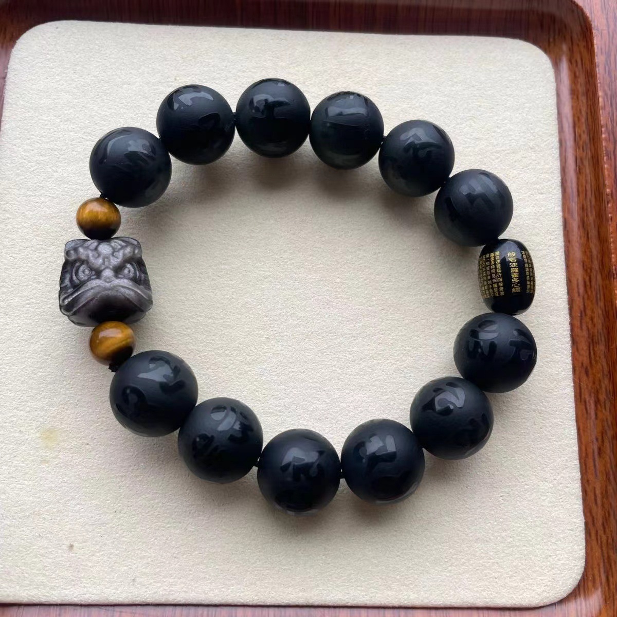 黑曜石醒狮手串本命年银曜石转运礼物手链招财国潮男士情侣中式