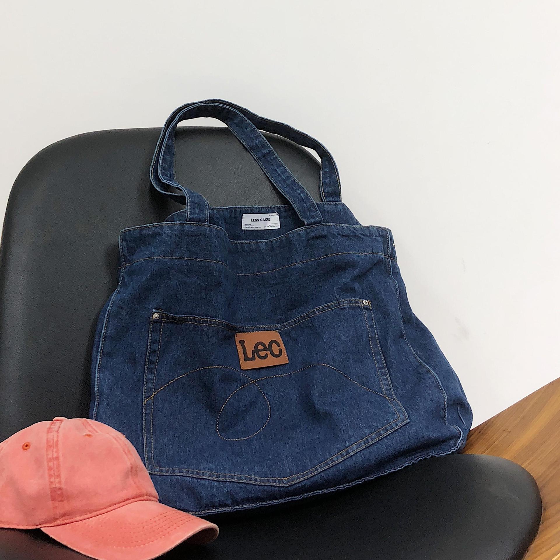 Korean Style Retro Fashionable Ins All-Match Casual Shoulder Dark Blue Denim Bag Women's Large Capacity Totes Big Bag