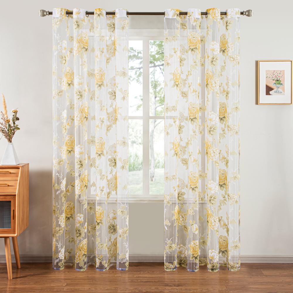跨境纱帘专供 唯美玫瑰花薄纱窗帘 客厅卧室成品窗帘窗纱尺寸批发