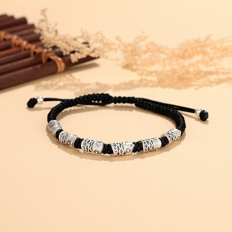 阿宝s999足银复古高级简约情侣锦鲤黑绳手链小众精致编制手绳代发