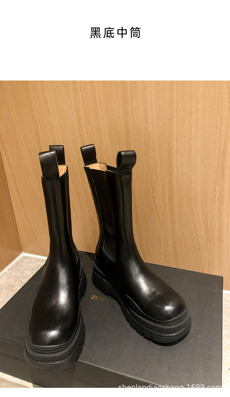 全牛皮~kodibv切尔西烟筒短靴中筒真皮厚底英伦风马丁靴春秋单靴