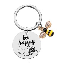 钥匙扣挂件不锈钢圆形be happy小蜜蜂圣诞节礼物礼品激光DIY刻字