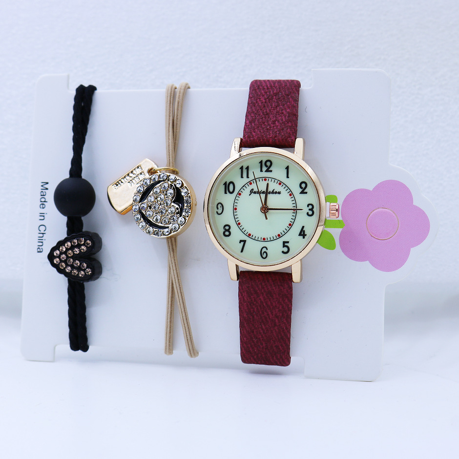 Cross-Border Hot Sale Set Student Watch Women's Digital Quartz Leather Watch Luminous Watch Ornament Rubber Band Random 3P