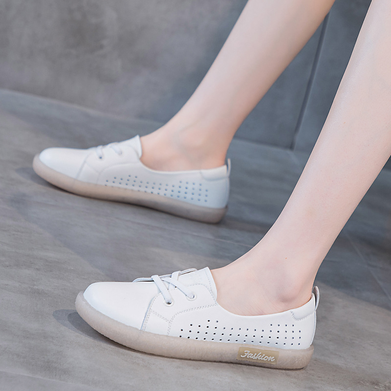 Oversized Shoes 2023 Spring and Summer New Versatile Cowhide White Shoes Genuine Leather Soft Bottom Single-Layer Shoes Hollow out Flat Pregnant Women's Shoes