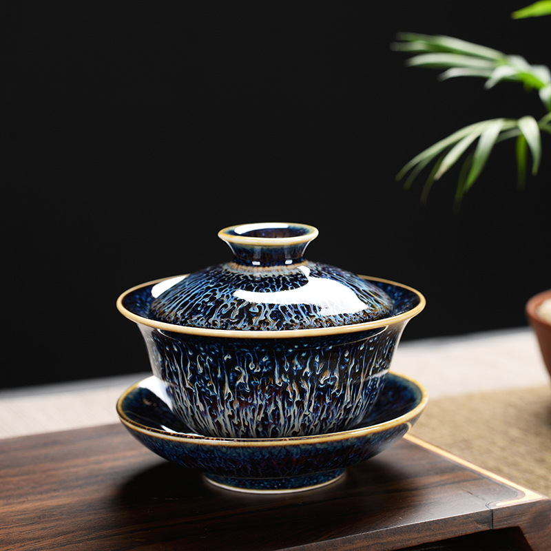 霁蓝釉陶瓷单品盖碗办公室会客现代泡茶碗日常家用功夫茶具盖碗