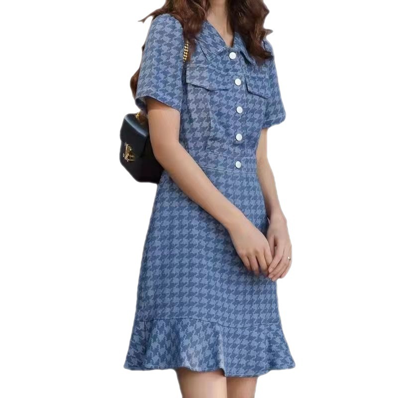 Retro Houndstooth Denim Dress Women's New Waist-Tight Slimming Fishtail Skirt Mid-Length Summer Dress for Women