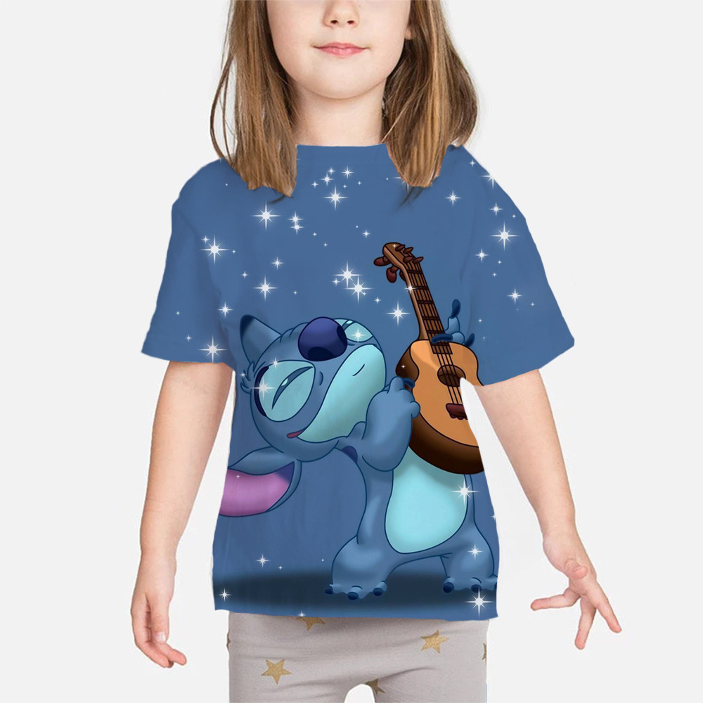 萝莉3d印花儿童夏季t恤女孩男孩3d卡通动漫上衣精品儿童史迪仔 图片