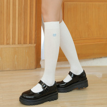日系学院风白色刺绣中筒袜纯色长筒百搭小腿袜jk制服双针堆堆袜女