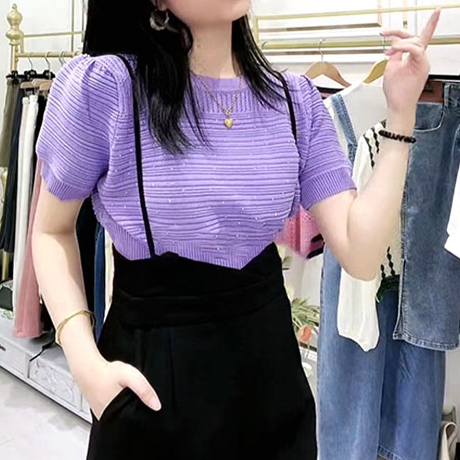 收腰修身烫钻针织短袖t恤女2024夏季新款镂空薄款冰丝t恤紫色上衣