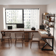 实木转角长书桌书架一体 家用靠墙拐角办公桌书房l型双人电脑桌子