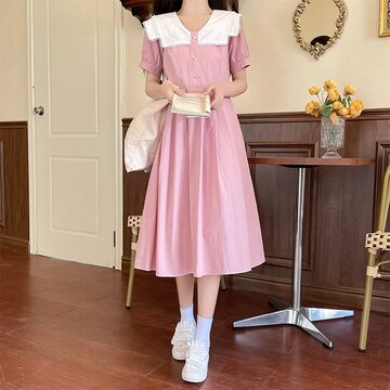 初中生连衣裙少女夏装中学生森系过膝长裙学院风小清新高中生裙子