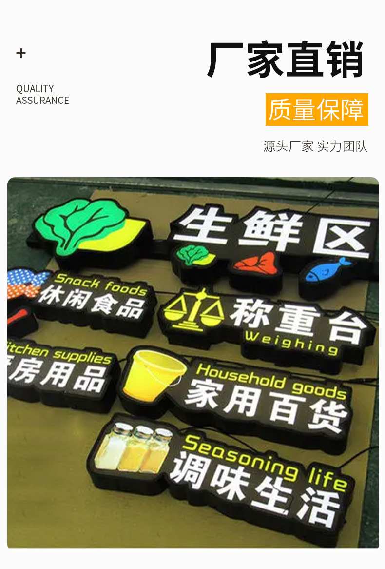 超市发光字区域分类指示牌悬挂吊牌商场入口吊楣收银台灯箱广告牌