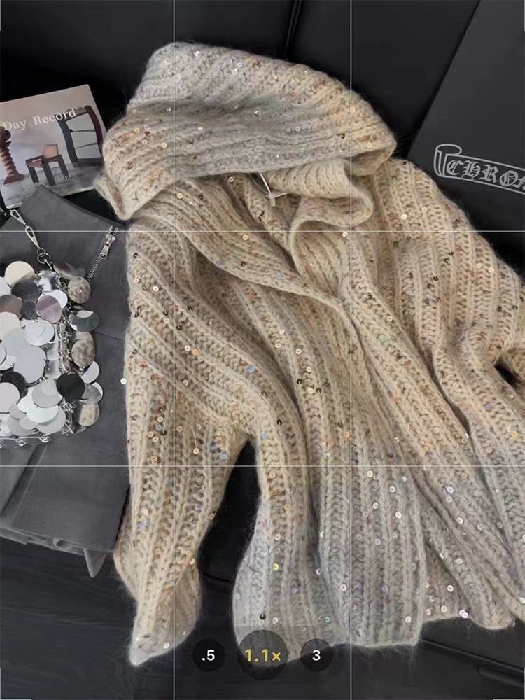 渐变色连帽毛衣女法式亮片设计感秋冬新款气质百搭慵懒风针织开衫