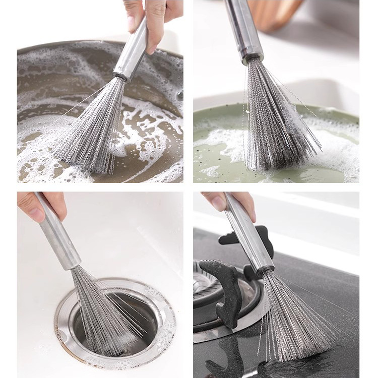 Stainless Steel Wok Brush Kitchen Long Handle Dish Brush Hanging Wok Brush Cleaning Decontamination Wire Brush Gap Brushes Cleaning Brush