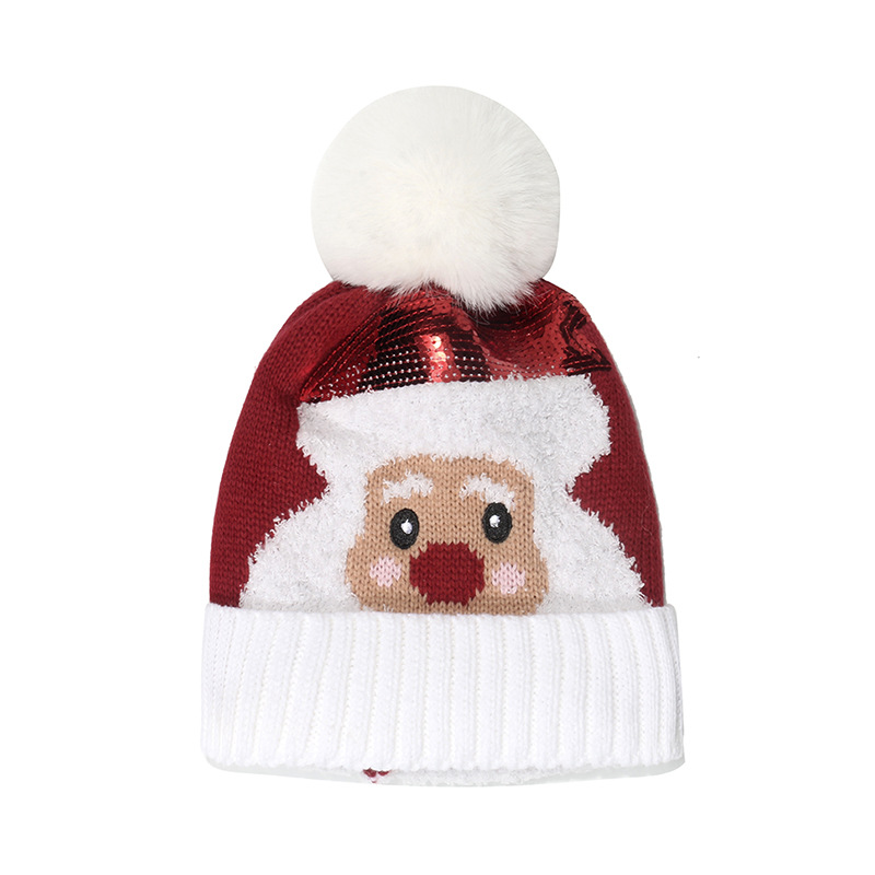 Cross-Border Amazon New Holiday Hat Red Santa Claus Deer Jacquard Fur Ball Knitted Hat Christmas Hat Winter