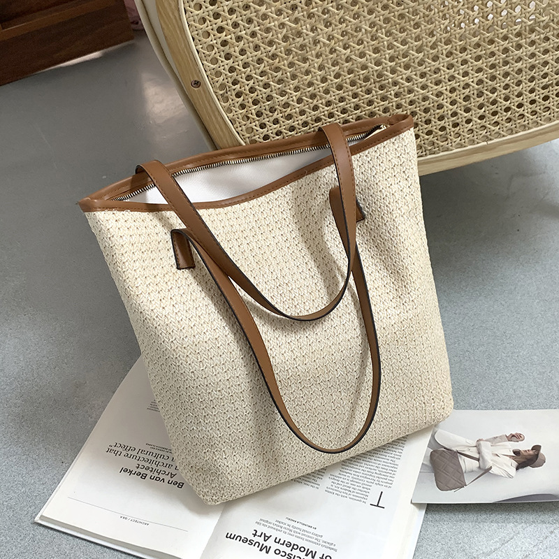 Woven Tote Bag Women's Summer 2022 New Fashion Simple Portable Shoulder Large Capacity Shopping Bag Shopping Basket Bag