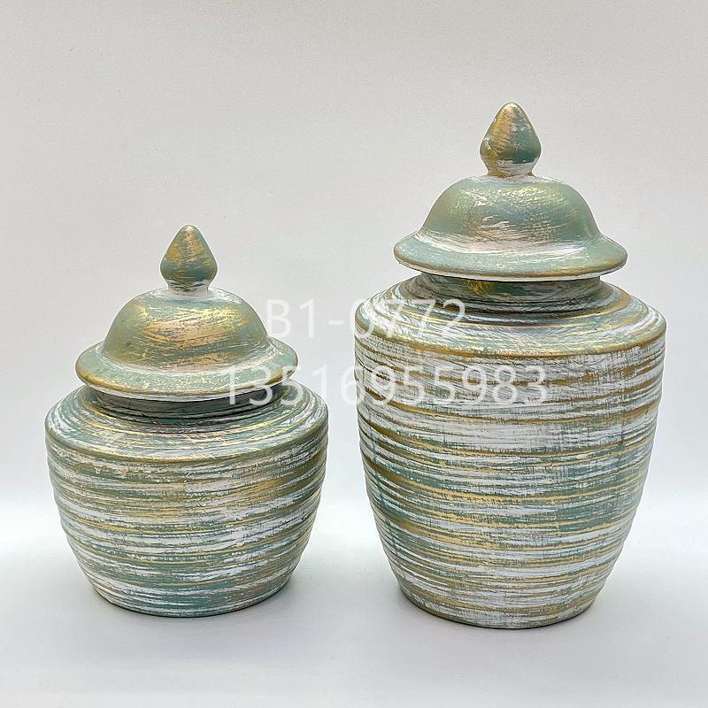 Light Luxury Striped Painted Ceramic Hat-Covered Jar Art Storage Jar Model Room Hotel Ornaments Vase Golden Castle Vase