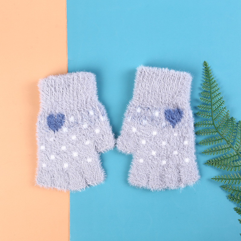Creative Thermal Gloves Fashion Half Finger Gloves Women's Winter Imitation Mink Fleece-Lined Cartoon Knitted Gloves