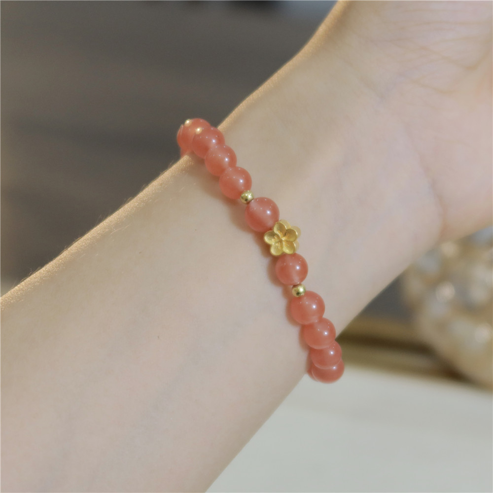 999足金小桃花黄金手链转运珠天然南红玛瑙手串女款925银镀金