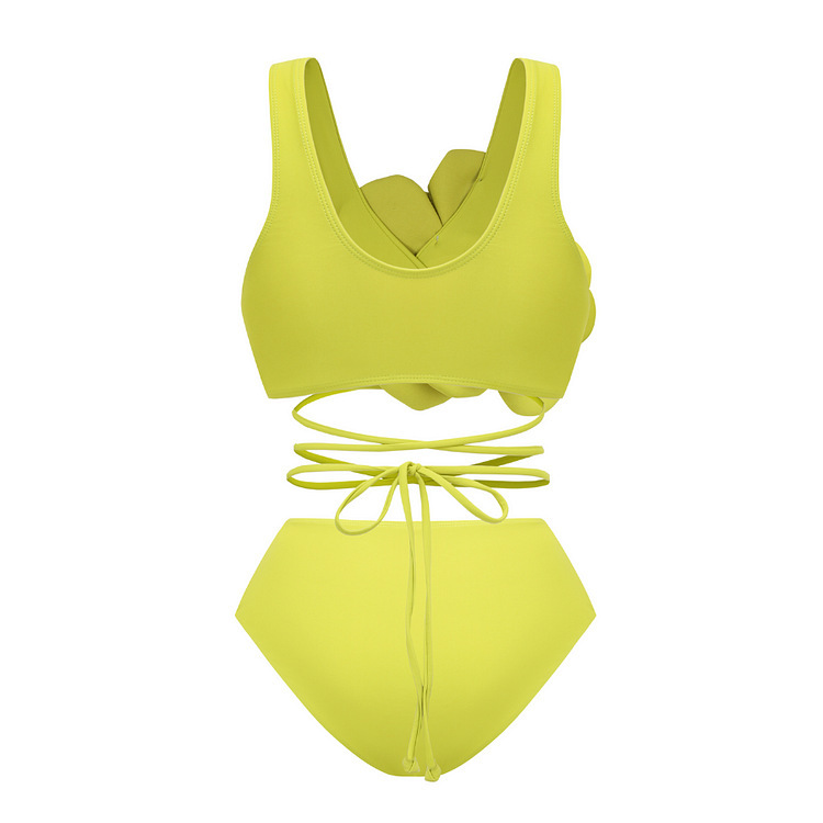 2024 New Foreign Trade Bikini Solid Color Split Swimsuit Women's European and American Sexy High Waist Banded Bikini Three-Piece Suit