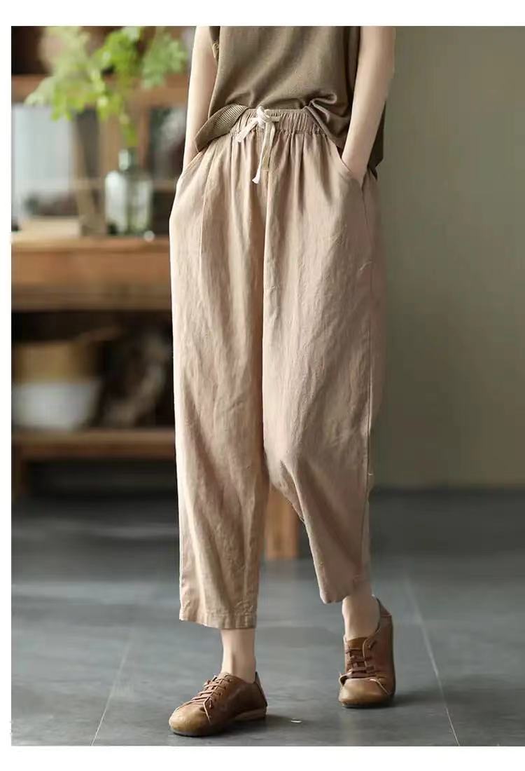 棉麻裤子女松紧腰宽松休闲裤2021夏季新款复古显瘦系带萝卜哈伦裤