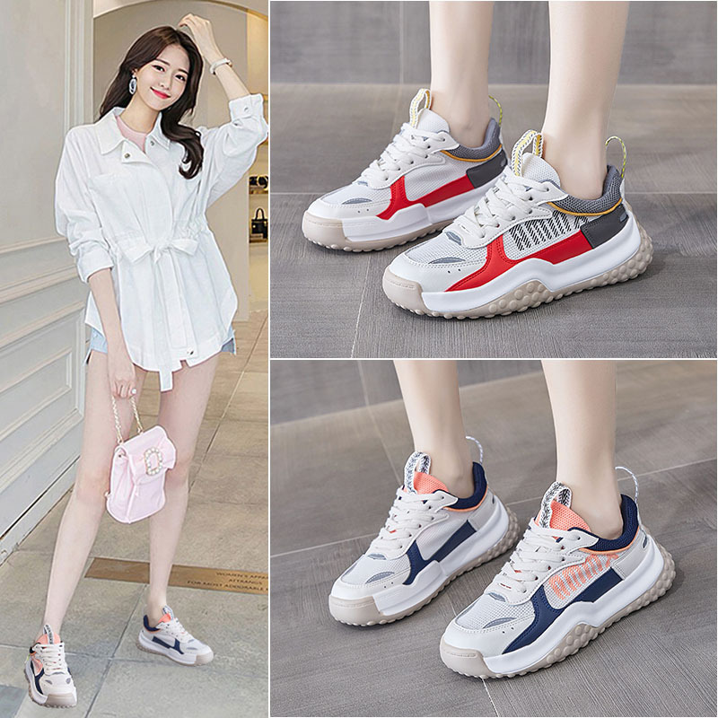 夏季网面透气运动休闲鞋 韩版时尚拼色老爹鞋女ins潮女鞋2021新款
