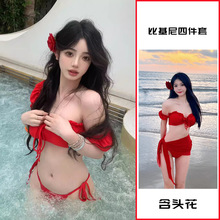 mosricci网红同款性感欧美风复古红色比基尼分体泳衣女有胸垫纯欲