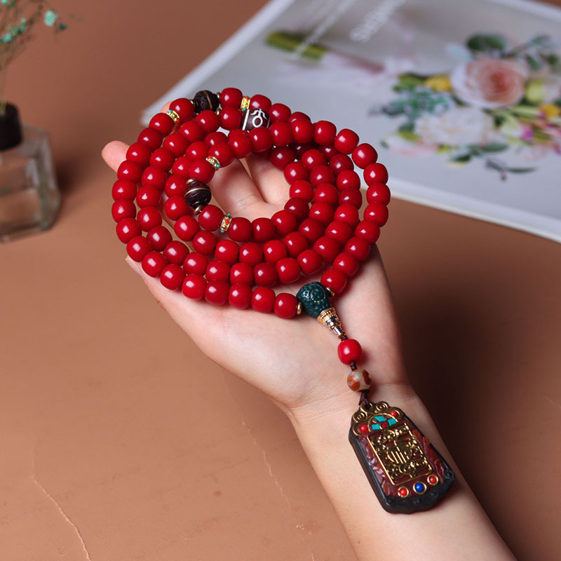 天然红色菩提子佛珠文玩菩提根手串男女手链手持脖挂项链平安福牌