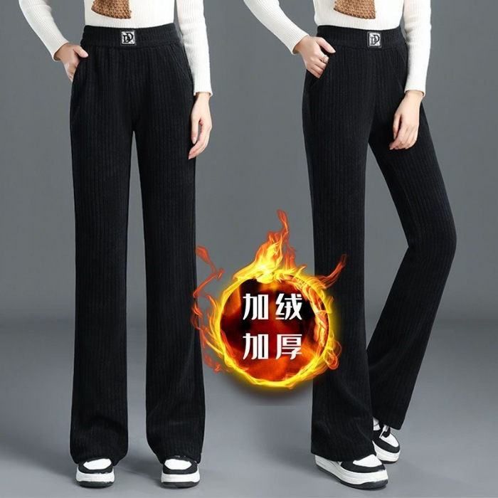 Fleece-Lined Thickened Chenille Winter 2022 New Women's Elastic High Waist Straight Pants Loose Drooping Striped Velvet Wide Leg Pants