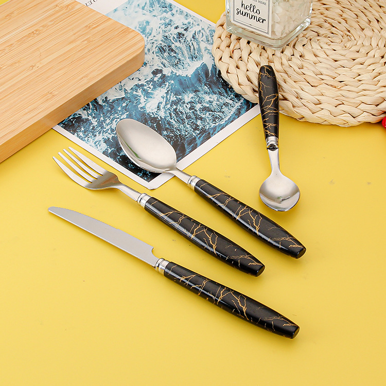 Cross-Border Stainless Steel Tableware Knife, Fork and Spoon Marbling Handle Western Tableware Four-Piece Set Hotel Steak Knife, Fork and Spoon Suit