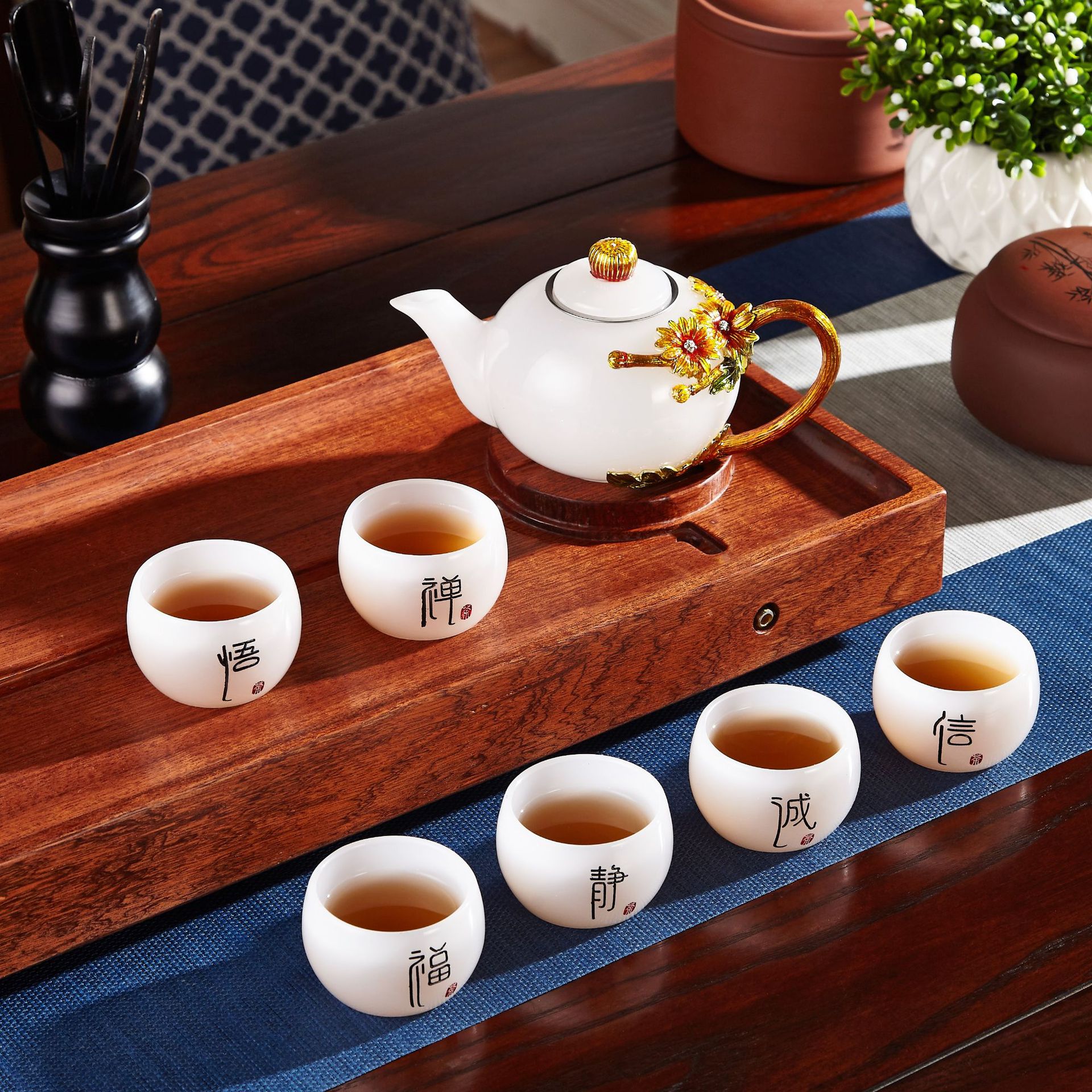 珐琅彩四君子琉璃玉玉瓷名品茶杯茶具套装商务礼品办公室茶桌摆件