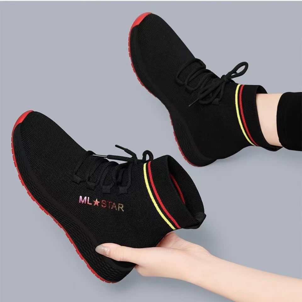 Black Stretch High-Top Sock-like Shoes Female 2023 Autumn and Winter New Flat Casual Sneaker Fleece-lined Warm Women's Dance Shoes