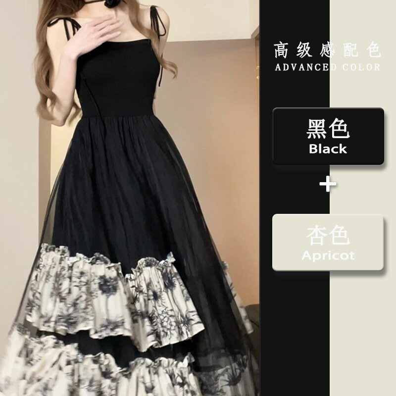 黑色碎花无袖吊带连衣裙子女夏季2024新款法式新中式早夏穿搭长裙