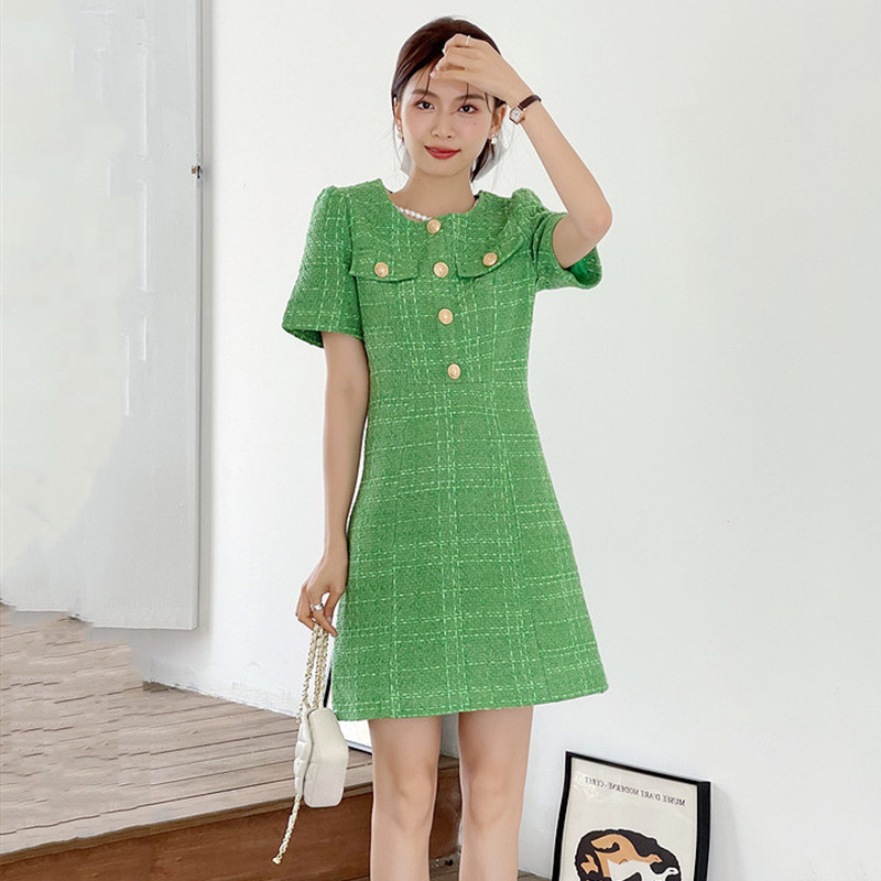 气质小香短袖连衣裙夏新款显瘦气质法式质感a字裙子遮肚腩短裙女