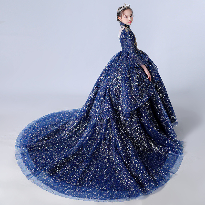 女童婚纱晚礼服儿童钢琴演奏演出服深蓝色女童晚礼服女童活动礼服