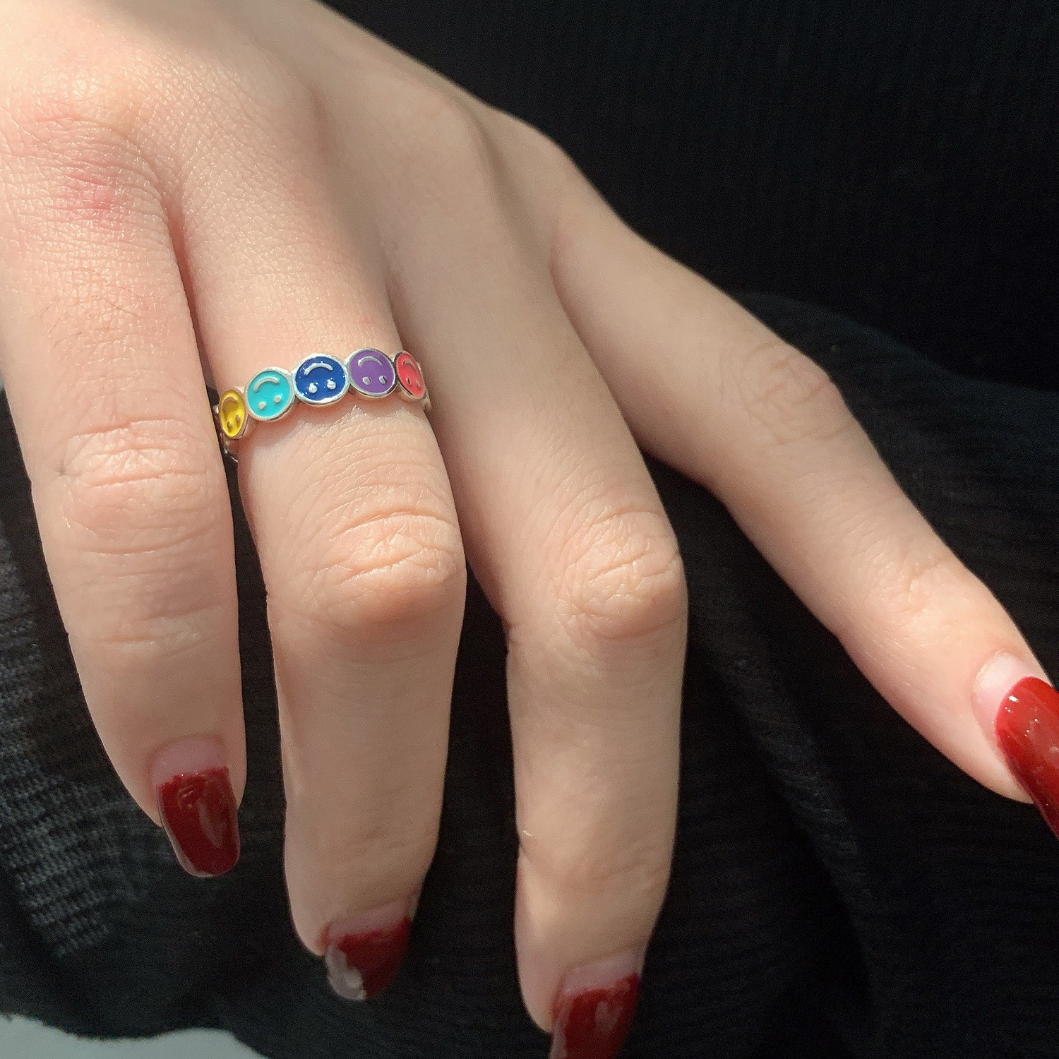 Rainbow Smiley Ring Women's Fashion Temperament Personality S925 Silver Opening Ring Retro Hip Hop Creative Index Finger Ring Fashion