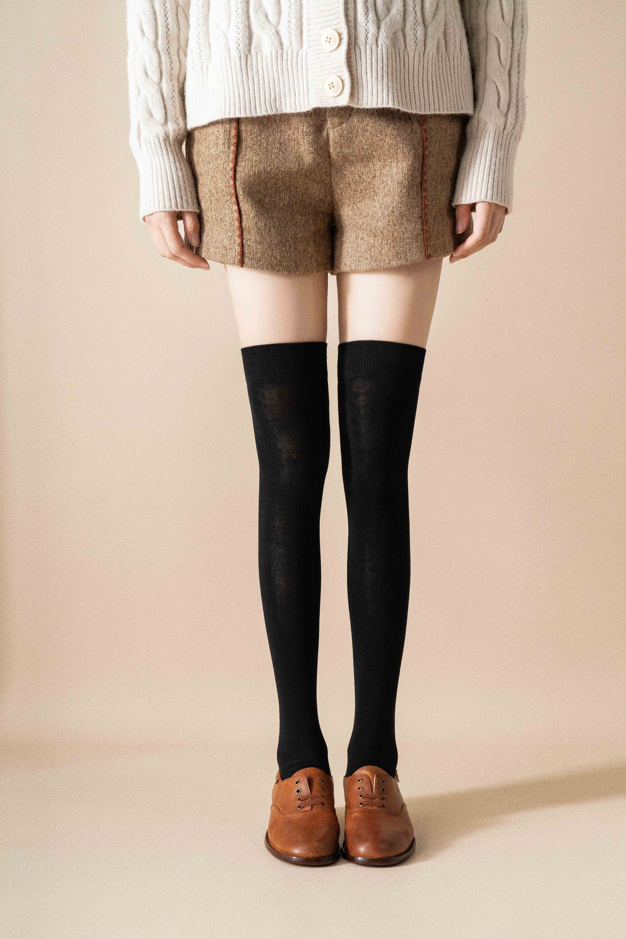 女袜日系纯色简约小腿袜手缝百棉抗起球过膝袜学院风时尚百搭烫印