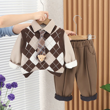宝宝冬装套装时髦洋气加绒童装男童冬季领带挂件小熊加厚三件套潮