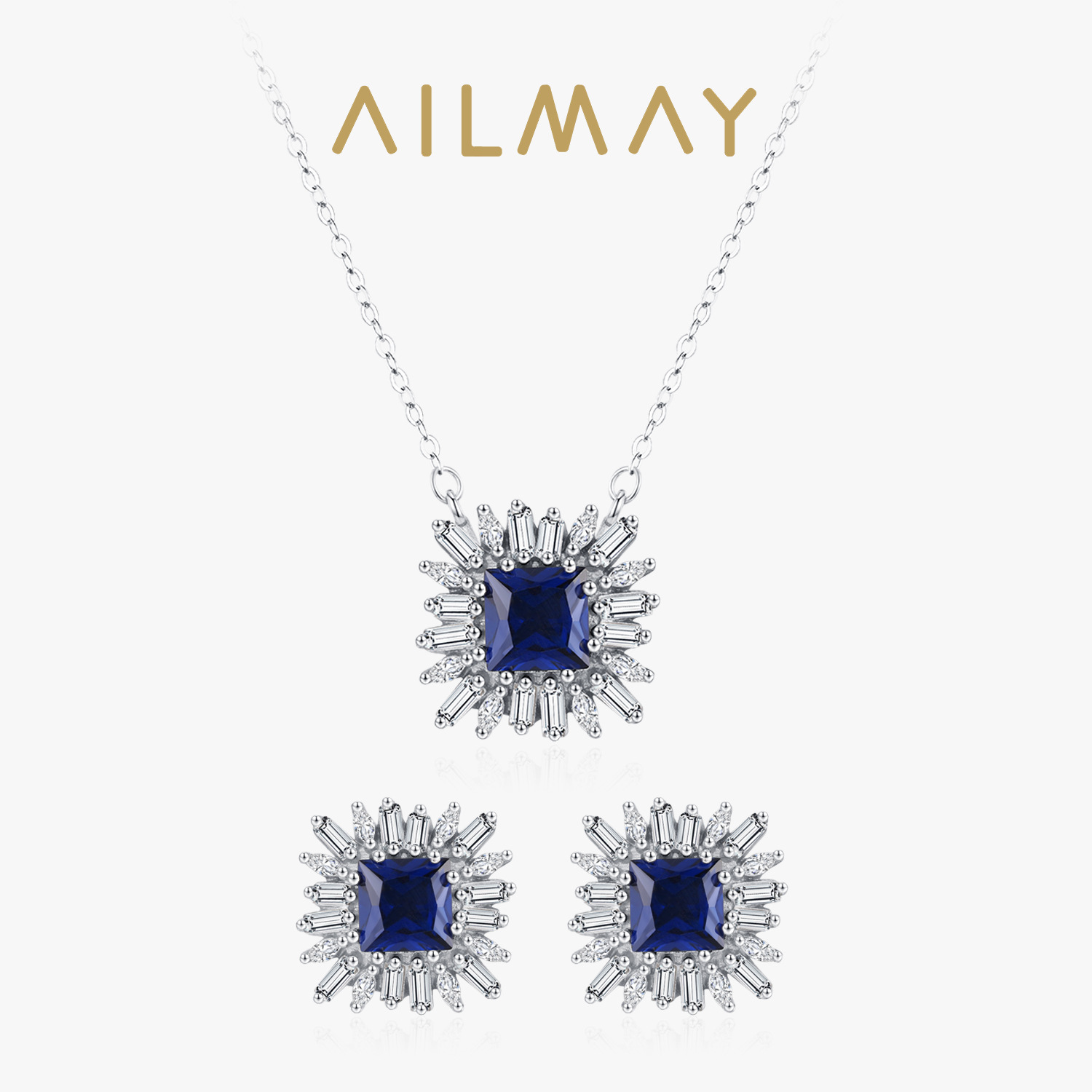 s925纯银欧美复古几何方形深蓝色锆石流行气质闪钻珠宝首饰套装