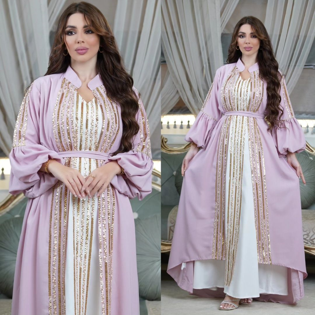 Ab326 Middle East Kuwait Robe Muslim Fashion Women's Wear Sequin Embroider Two-Piece Set Puff Sleeve Dress