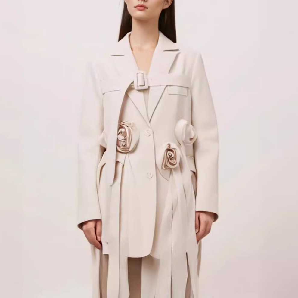 欧美重工高级感立体花朵外套女秋季新款飘带拼接设计感宽松西服