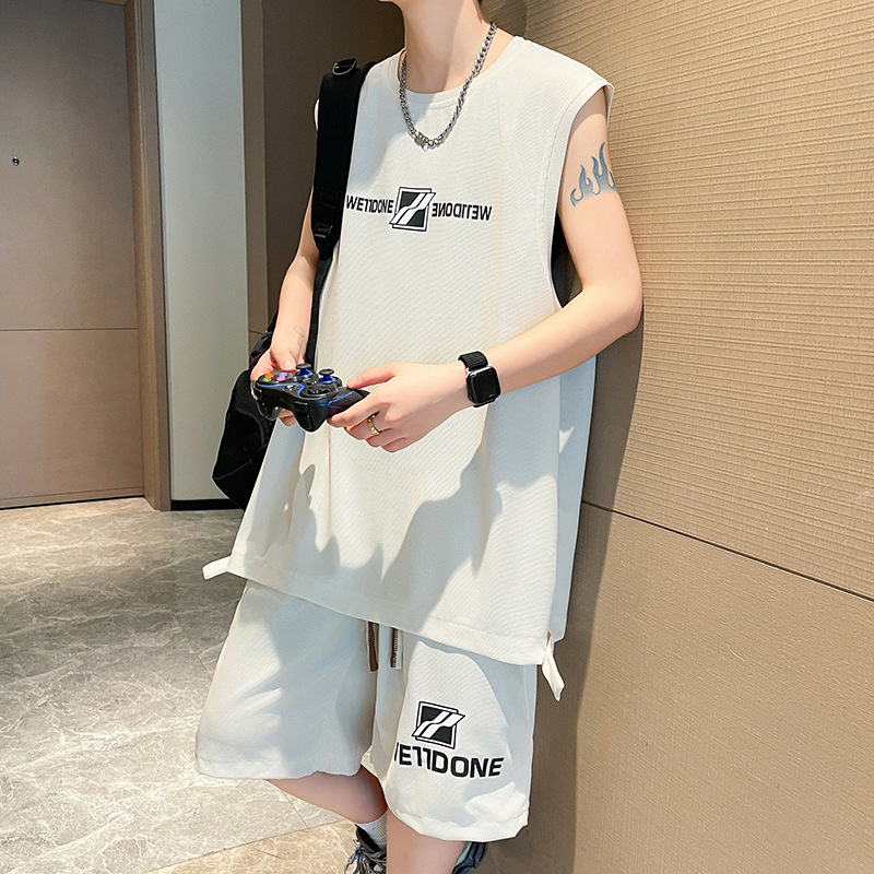 无袖t恤男夏季休闲运动套装男背心一套搭配帅气衣服篮球服两件套