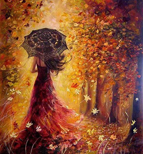 打伞红裙女孩背影秋意黄落叶风景钻石画
