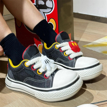 米奇米妮联名大头鞋女2024春季新款厚底低帮帆布鞋丑萌大头面板鞋