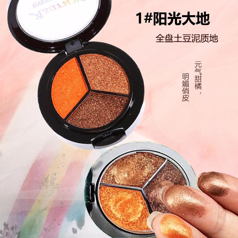 Cross-Border Three-Color Mashed Potato Double-Layer Eye Shadow Plate with Mirror with Brush Pearl Earth Color Foreign Trade Supply